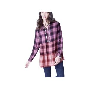 J Jill  Pink Purple Plaid Button Down Long Sleeves Ruffled Tunic Top Medium